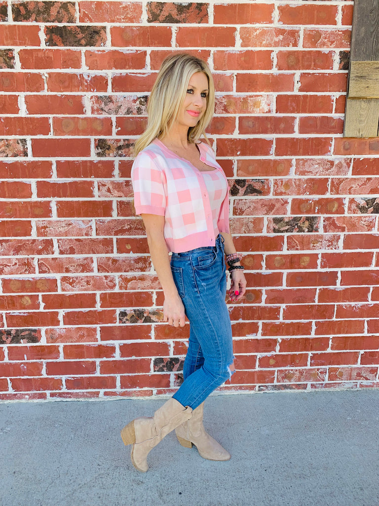 Pink Checker Print- Cropped Sweater