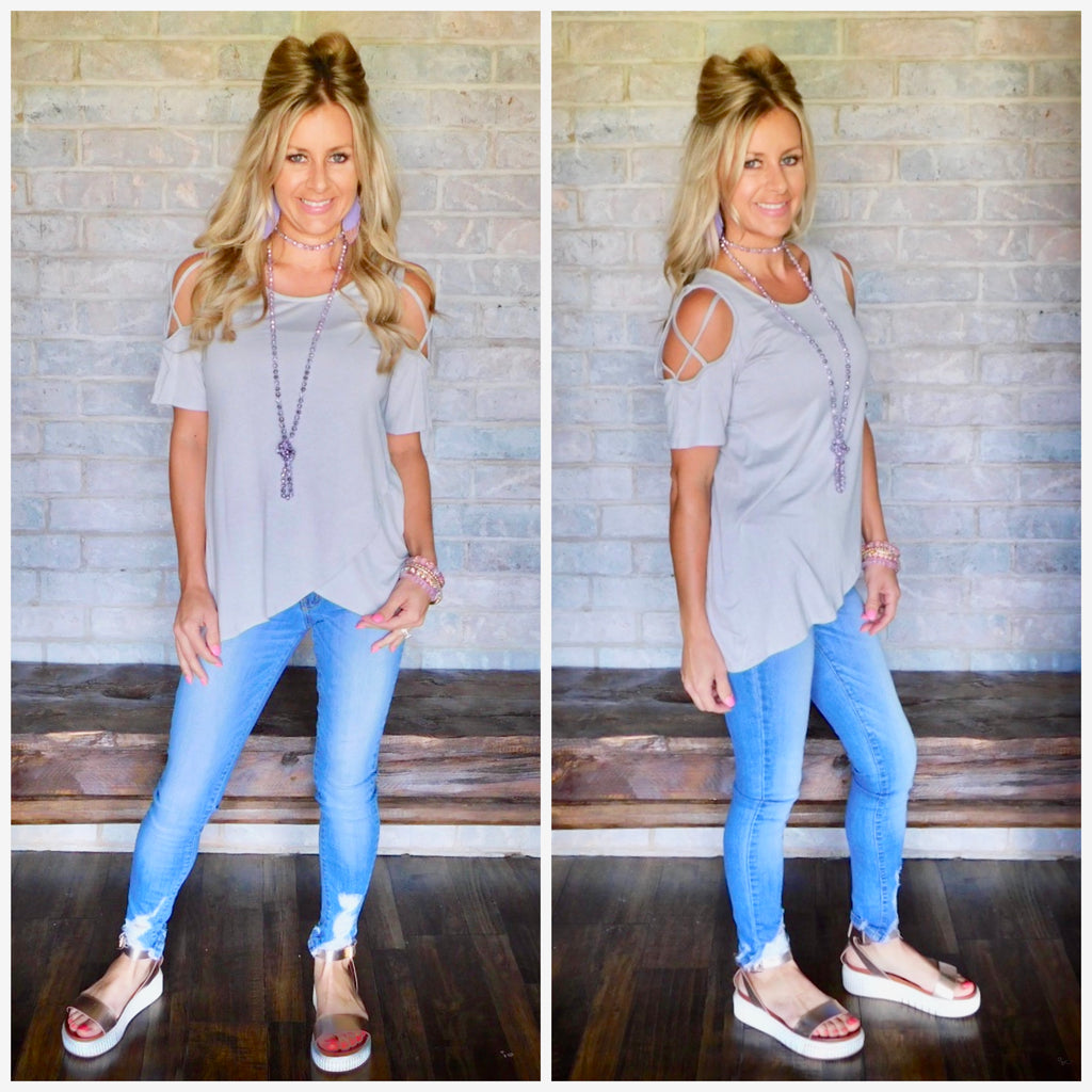 Grey criss cross cold shoulder blouse