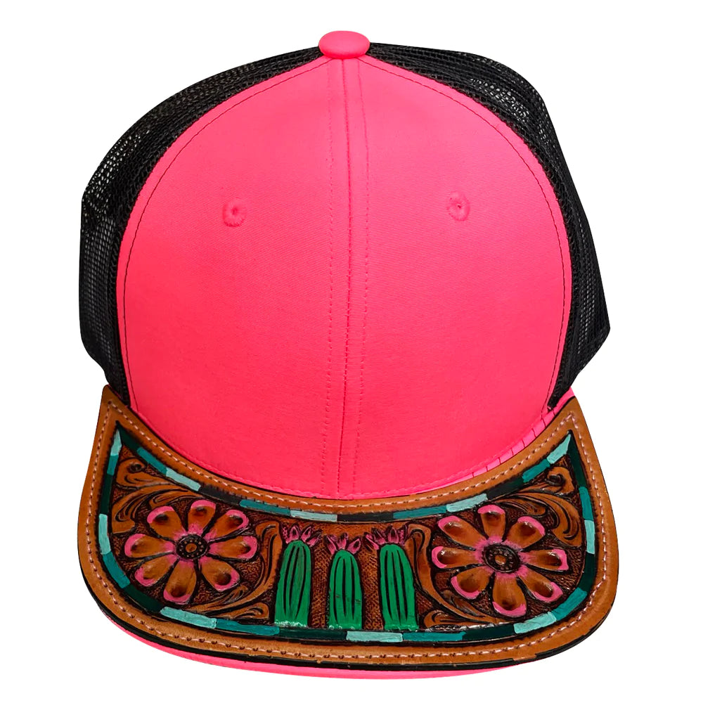 Bright Pink & Tooled Leather Hat