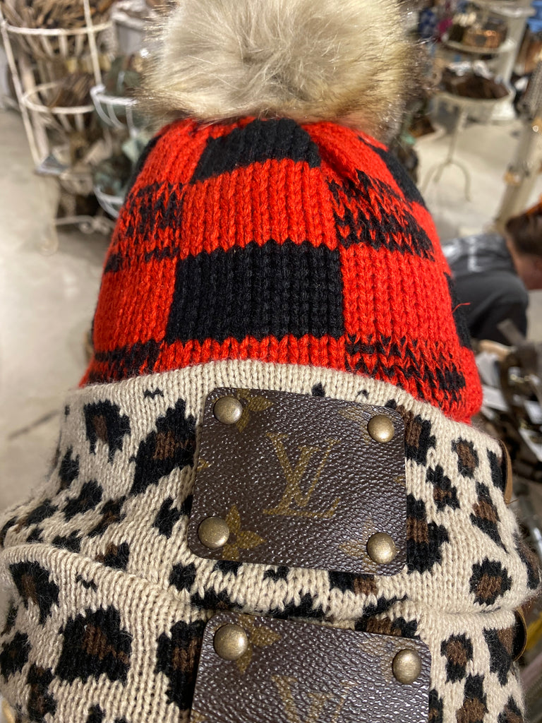 Red & Black Plaid Leopard Knit Upcycled Pom Beanie