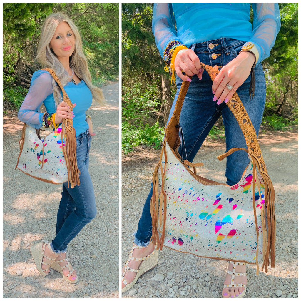 Ivory Rainbow Acid Wash & Tooled Hand Bag