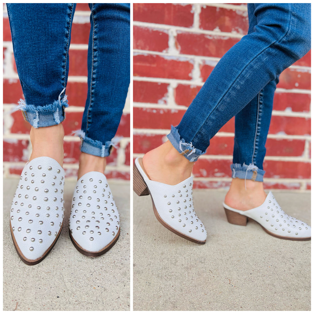 White Coolest Studded Pointed Flats