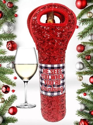 He Sees You When You're Drinking Red Sequin Wine Cooler