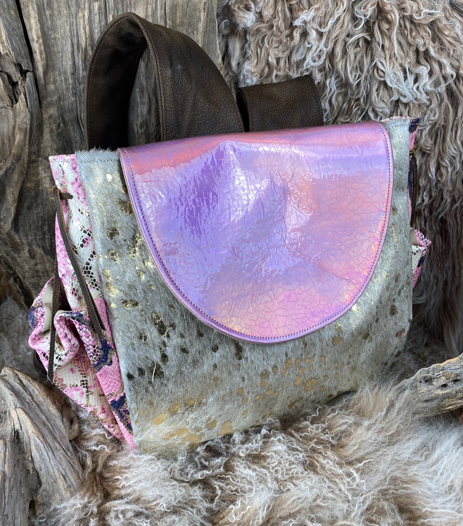 Blushing Hologram Pink Leather & Gold Hide Backpack