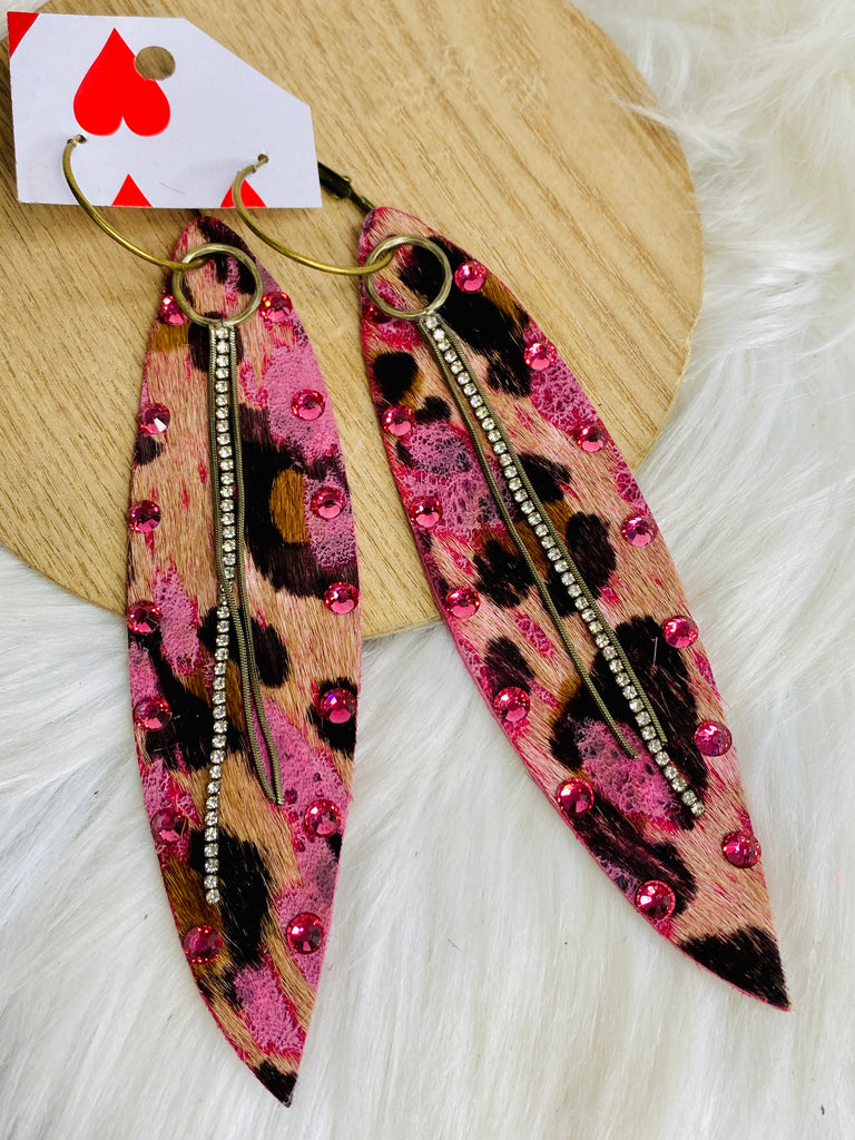 Multi Pink & Brown Leo Hide Studded Feathered Earrings
