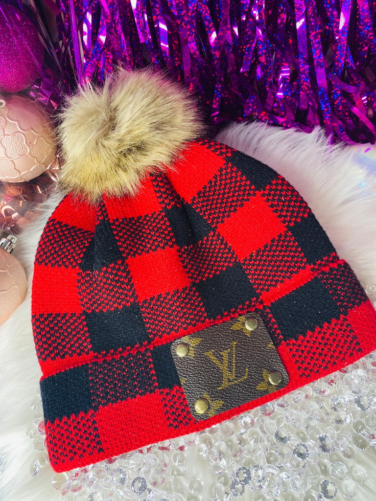 Red Checkered Clean Pom Upcycled Beanie