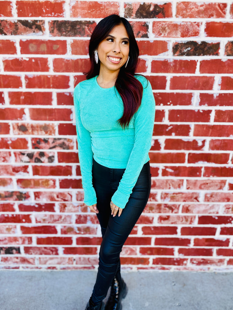 ~Mint~ Long Sleeve Shirred Side Top