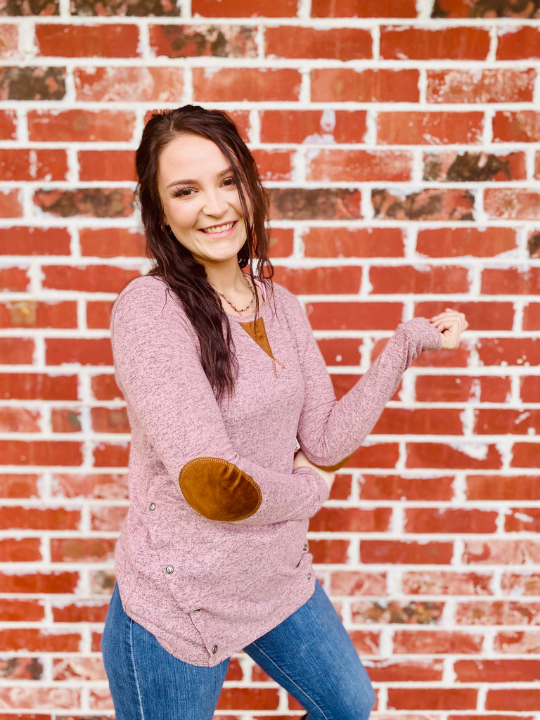 It's That Simple Elbow Patch Button Top - Blush
