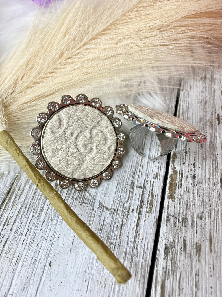 Ivory Vintage Upcycled leather & Crystal Ring