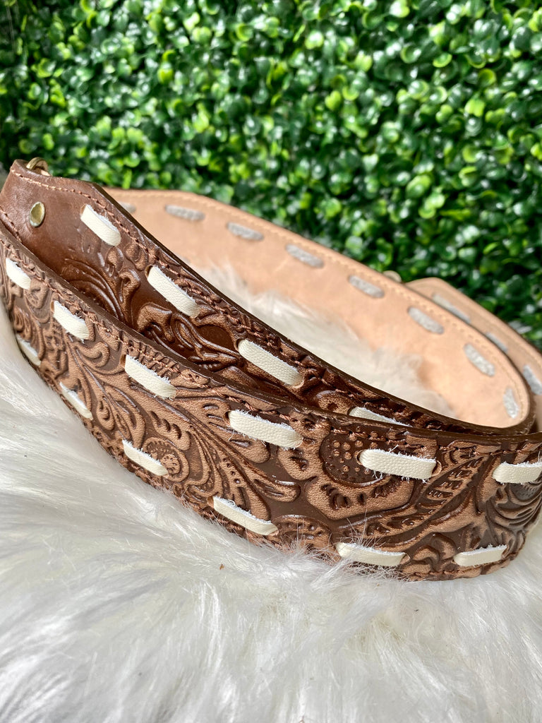 Brown Tooled & Cream Lace Long Strap