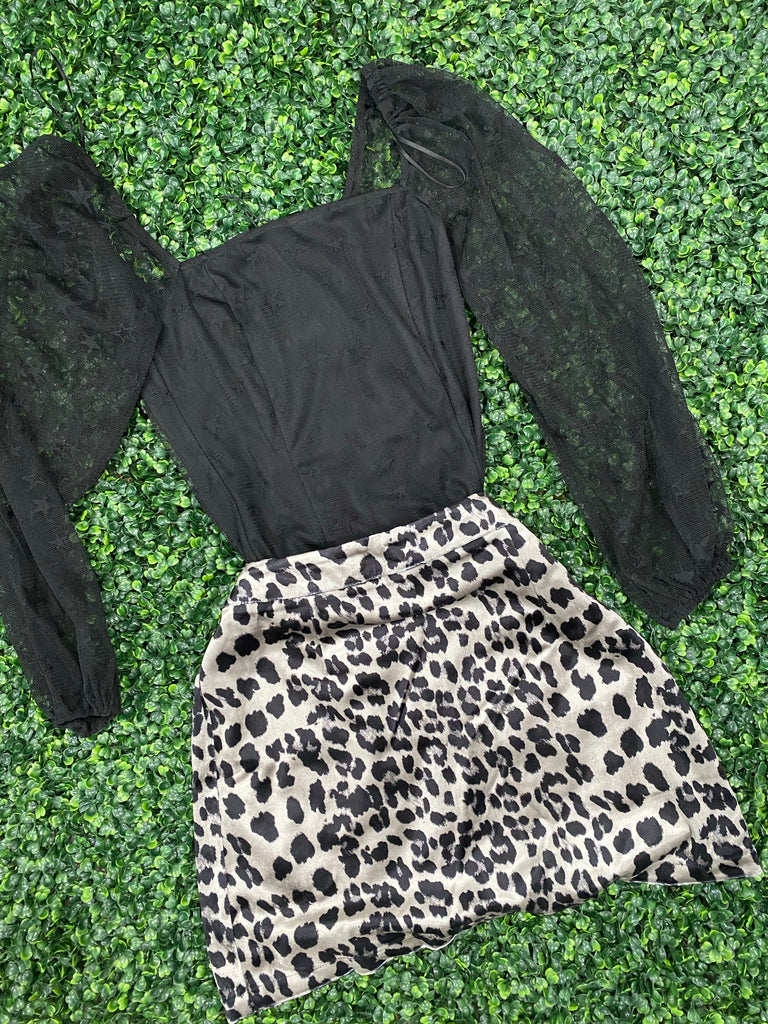 Charcoal Suede Cheetah Print Skirt