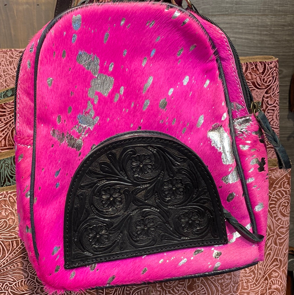 Pink Hair On Hide Black Tooled Leather Backpack