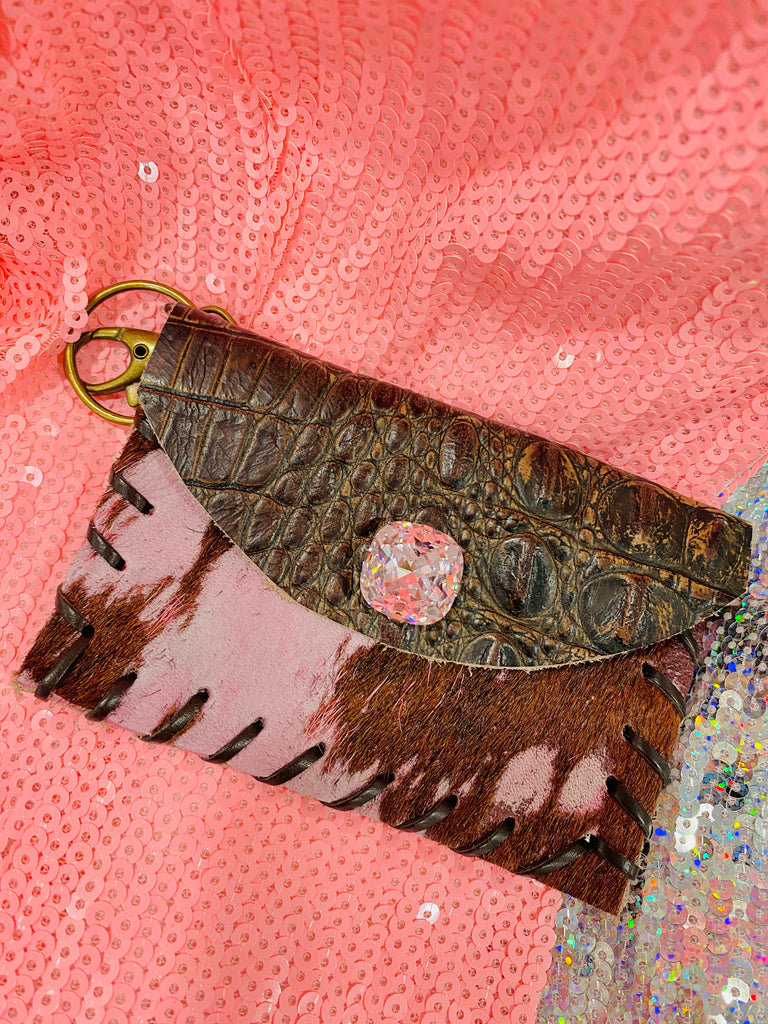 Pink & Brown Leather & Hide Crystal Card Holder