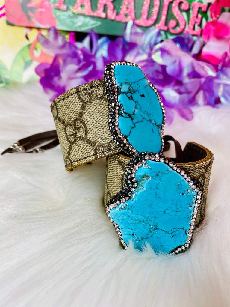 Summer Natural Stone Upcycled Leather Cinch Cuff-TURQUOISE