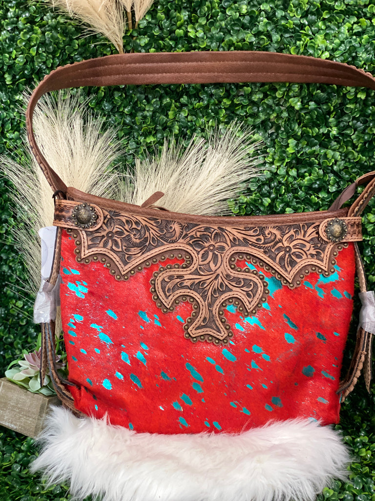 Bold in Red & Teal Tooled Shoulder Purse