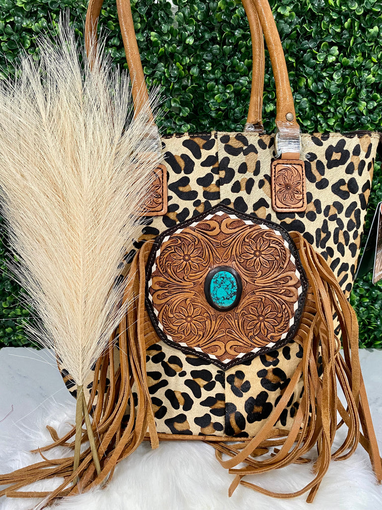 Jungle Hide & Turquoise Stone Tooled Purse