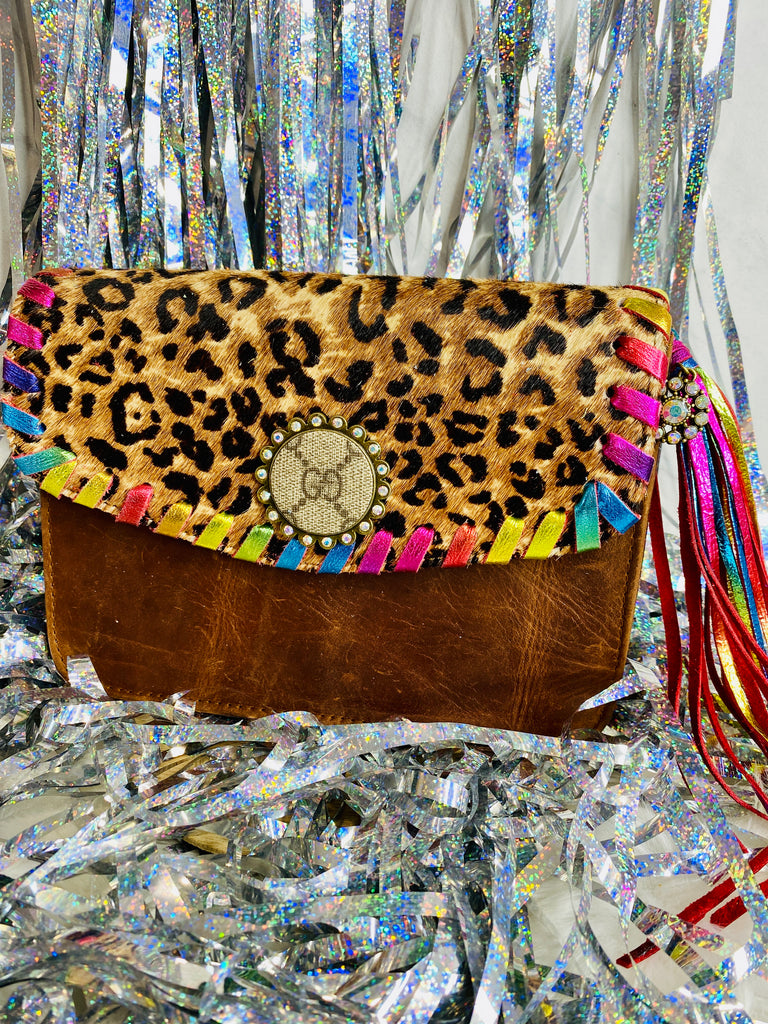 Leo Hide & Metallic Rainbow Leather Upcycled Purse/Crossbody