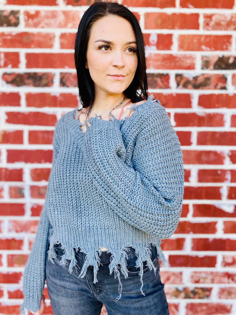 Heathered Gray Frayed & Distressed Knit Sweater