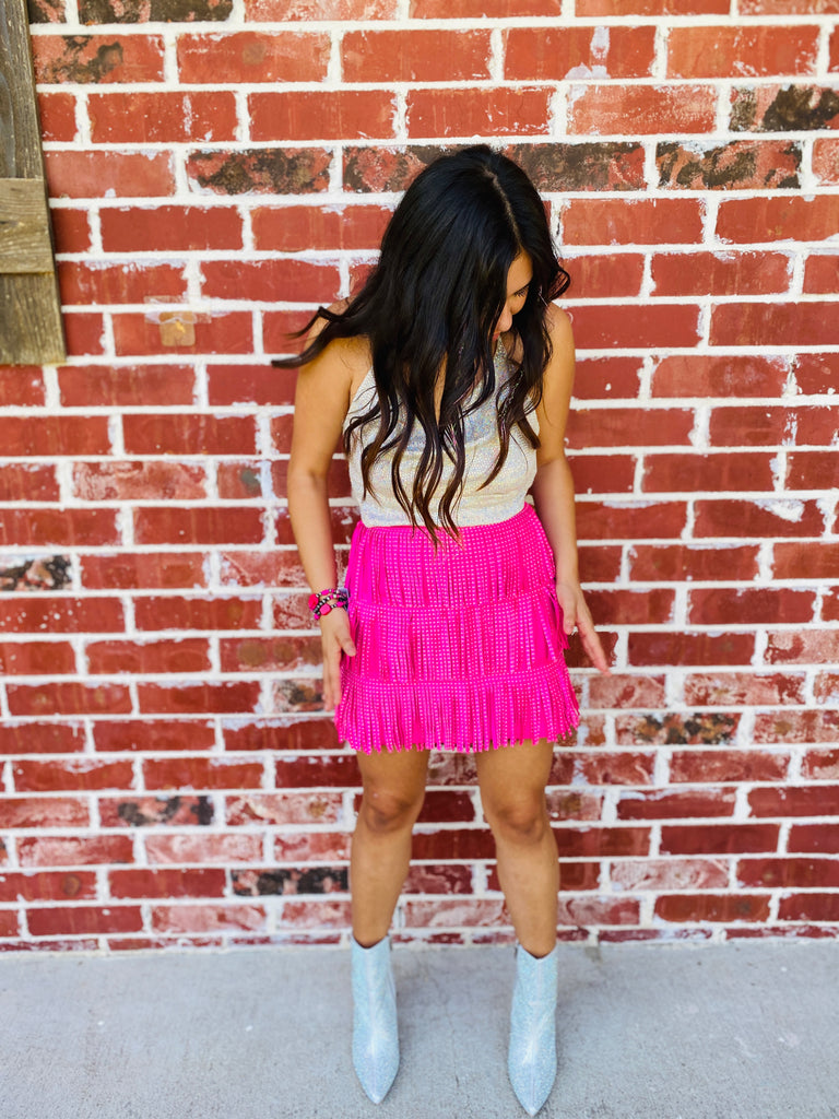 Hot Pink Tiered Studded  Elastic Skirt