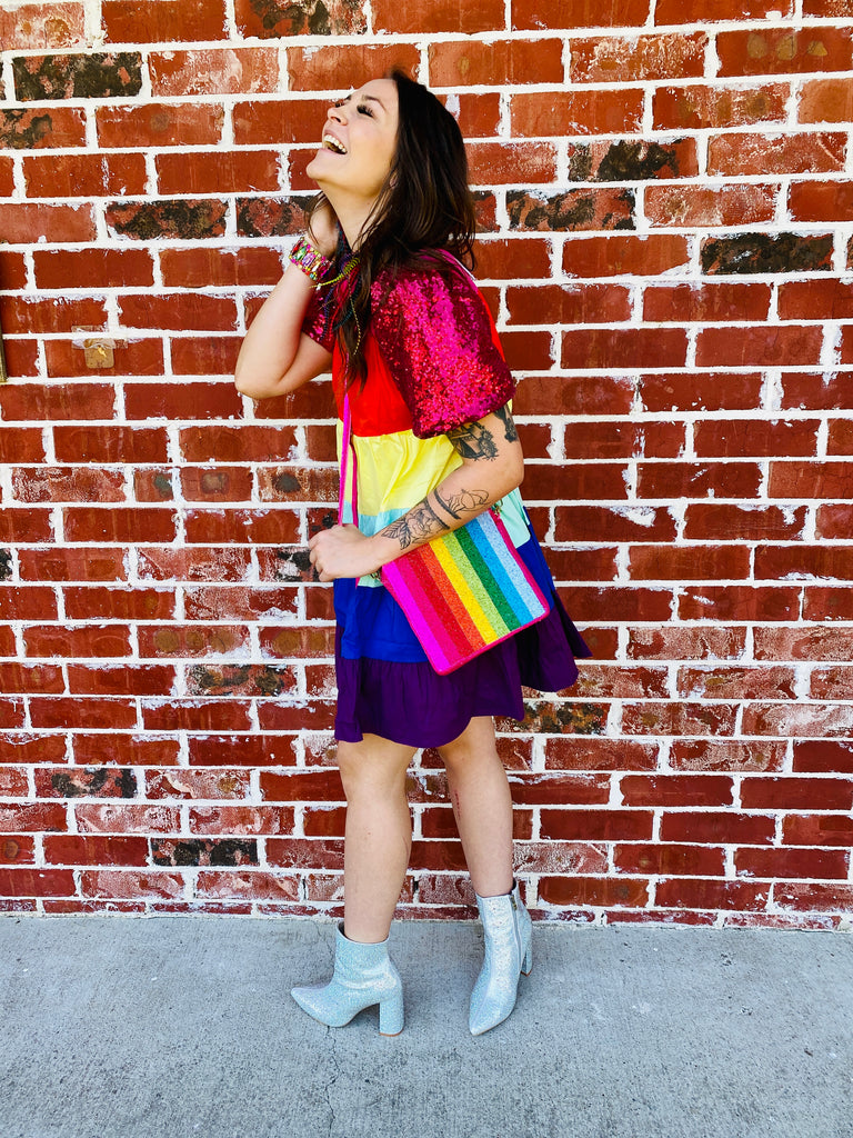 Whimsical Rainbow Sequin Puff Sleeve Collared Dress