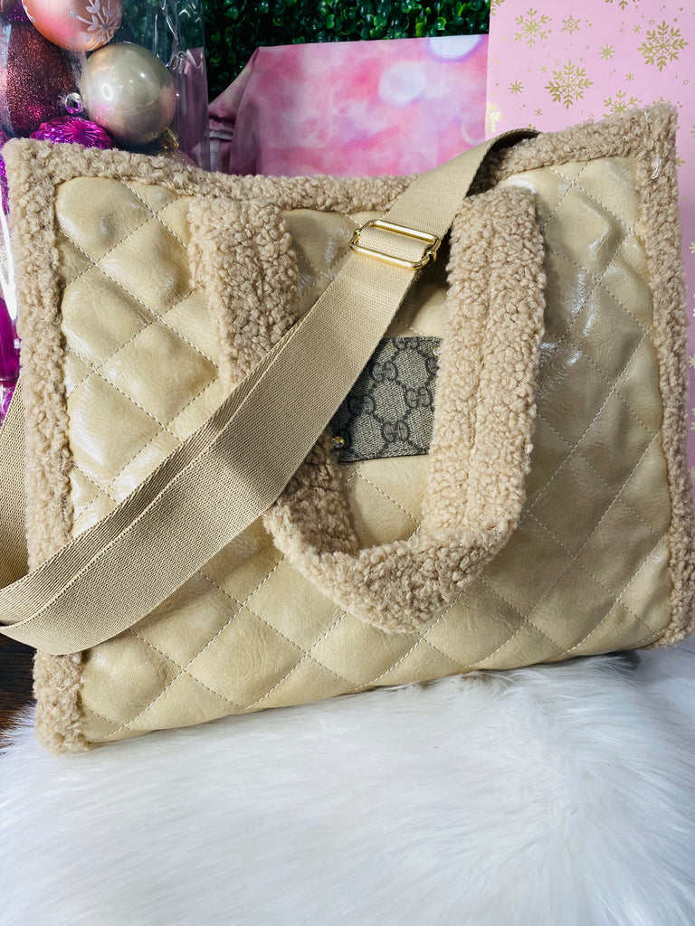 Creamy Beige Quilted Leather Upcycled Shoulder Bag