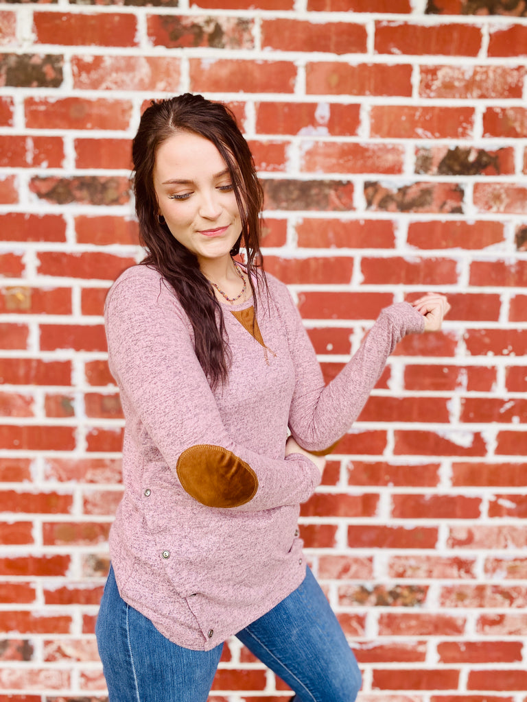 It's That Simple Elbow Patch Button Top - Blush