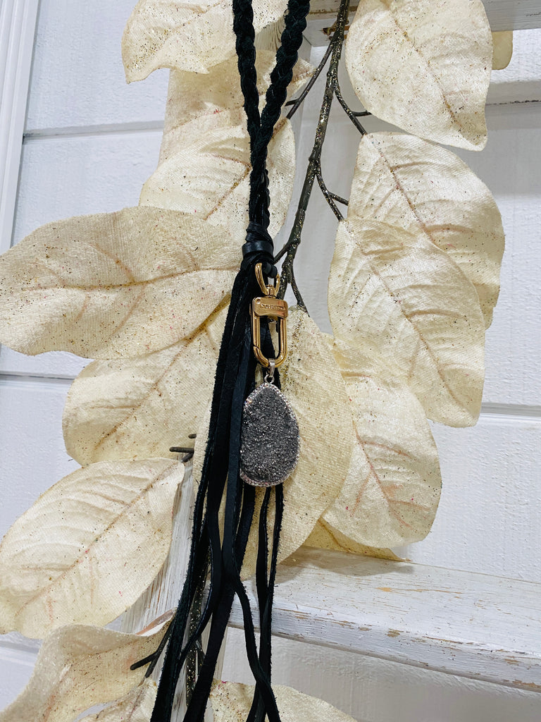 Black Leather & Silver Druzy Tassel Upcycled Necklace