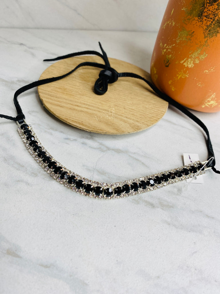 Silver Crystal & Black Leather Tied Choker