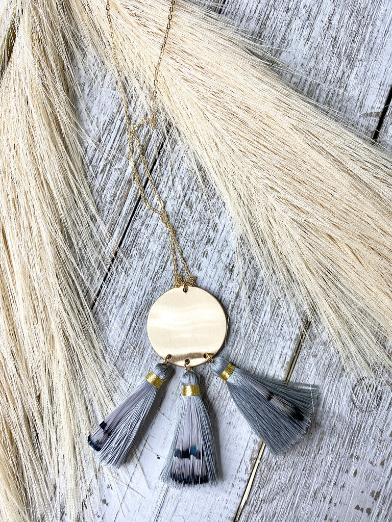 Grey Exotic Feather Tassel Necklace