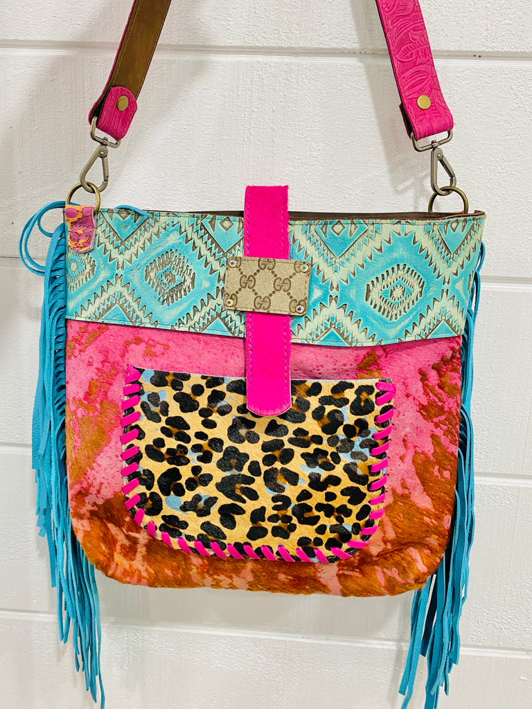 Aztec Blue & Braided Pink Leo Leather Roxie Handbag
