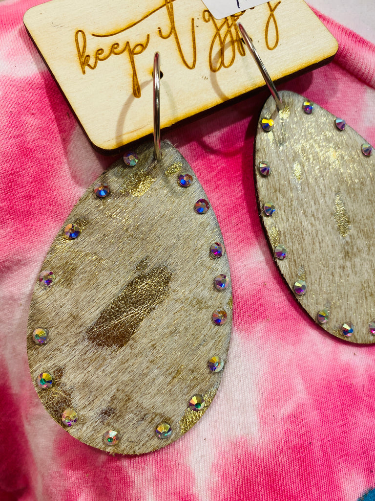 Upcycled Designer Crystal Cowhide Tooled Brass Earrings Tooled