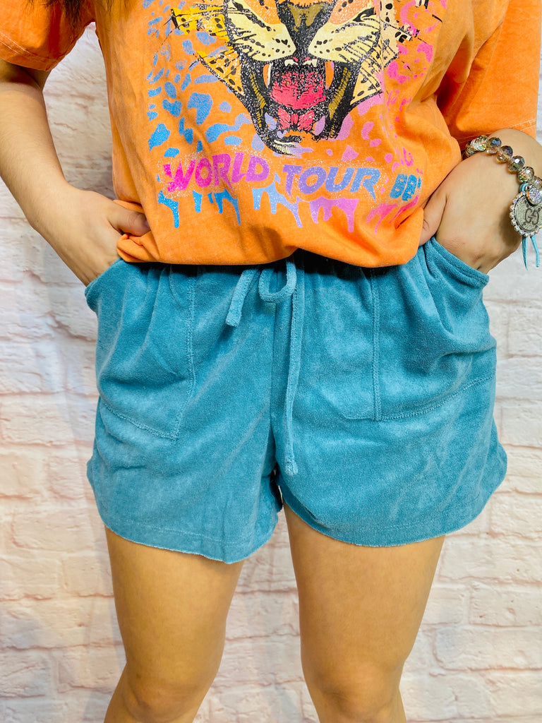 Dust Teal Terry Drawstring Shorts