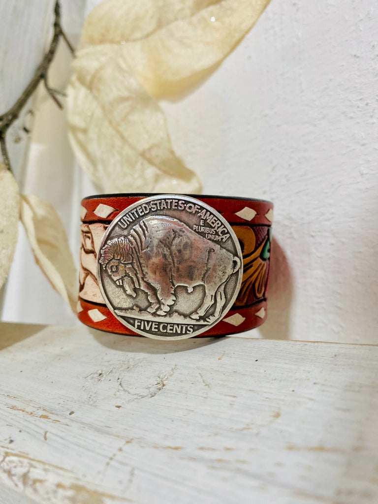 Cherry Tooled & Braided Hand Painted Buffalo Coin Cuff