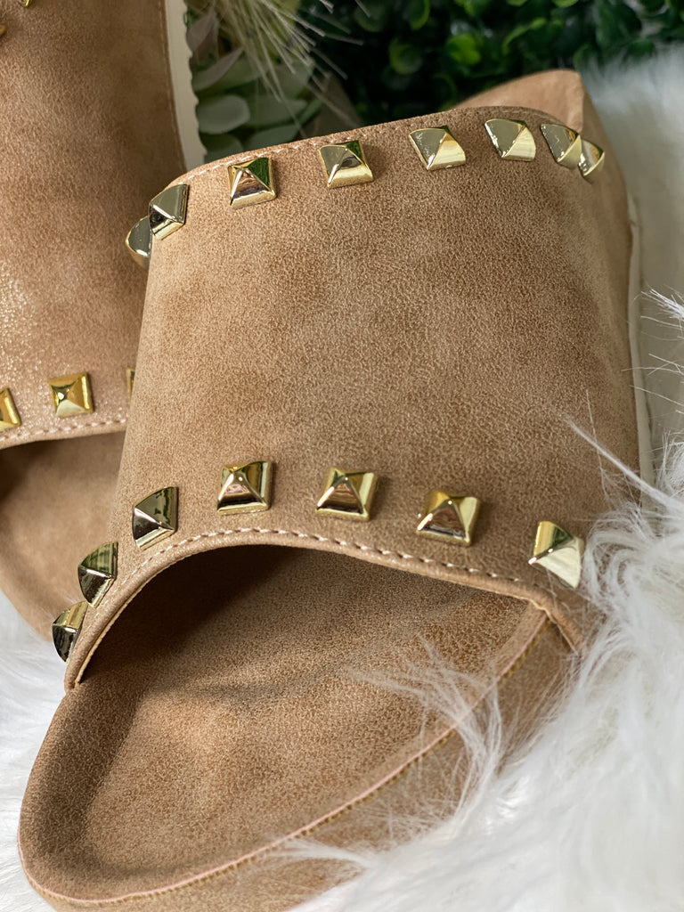 Qiana Tan Suede Studded Sandals