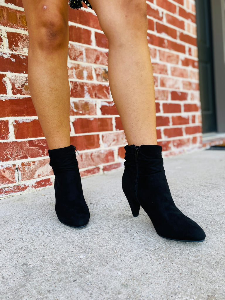 Black Suede Ruched Booties