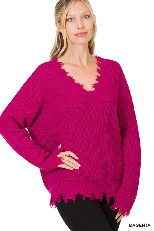 Magenta Frayed Sweater
